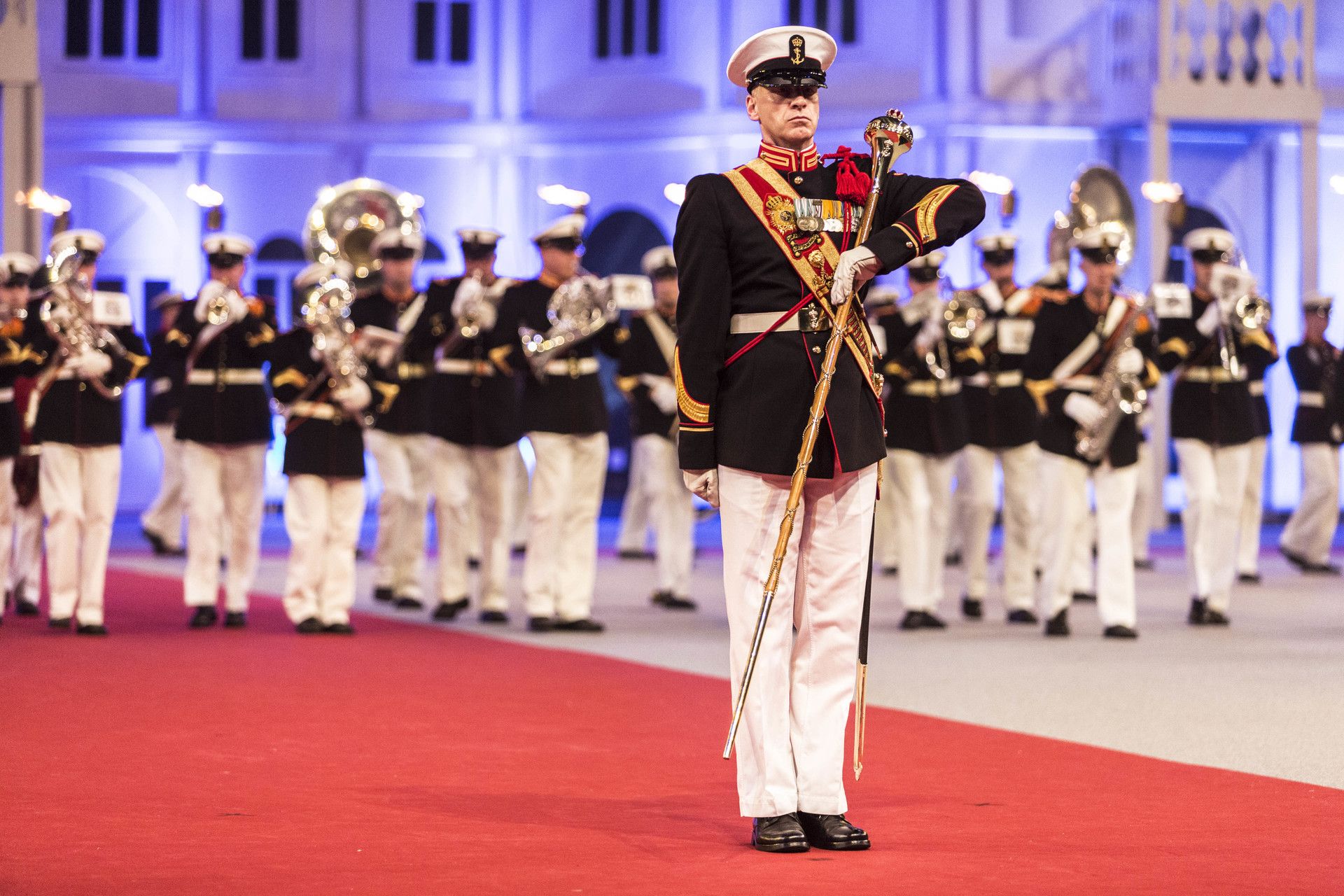 Rotterdam, 24 september 2015.Op 24, 25 en 26 september 2015 vond in de Ahoy hal te Rotterdam de jaarlijkse Nationale Taptoe plaats. In het kader van 350 jaar Korps Mariniers werden er diverse demonstraties gehouden in het stadion.