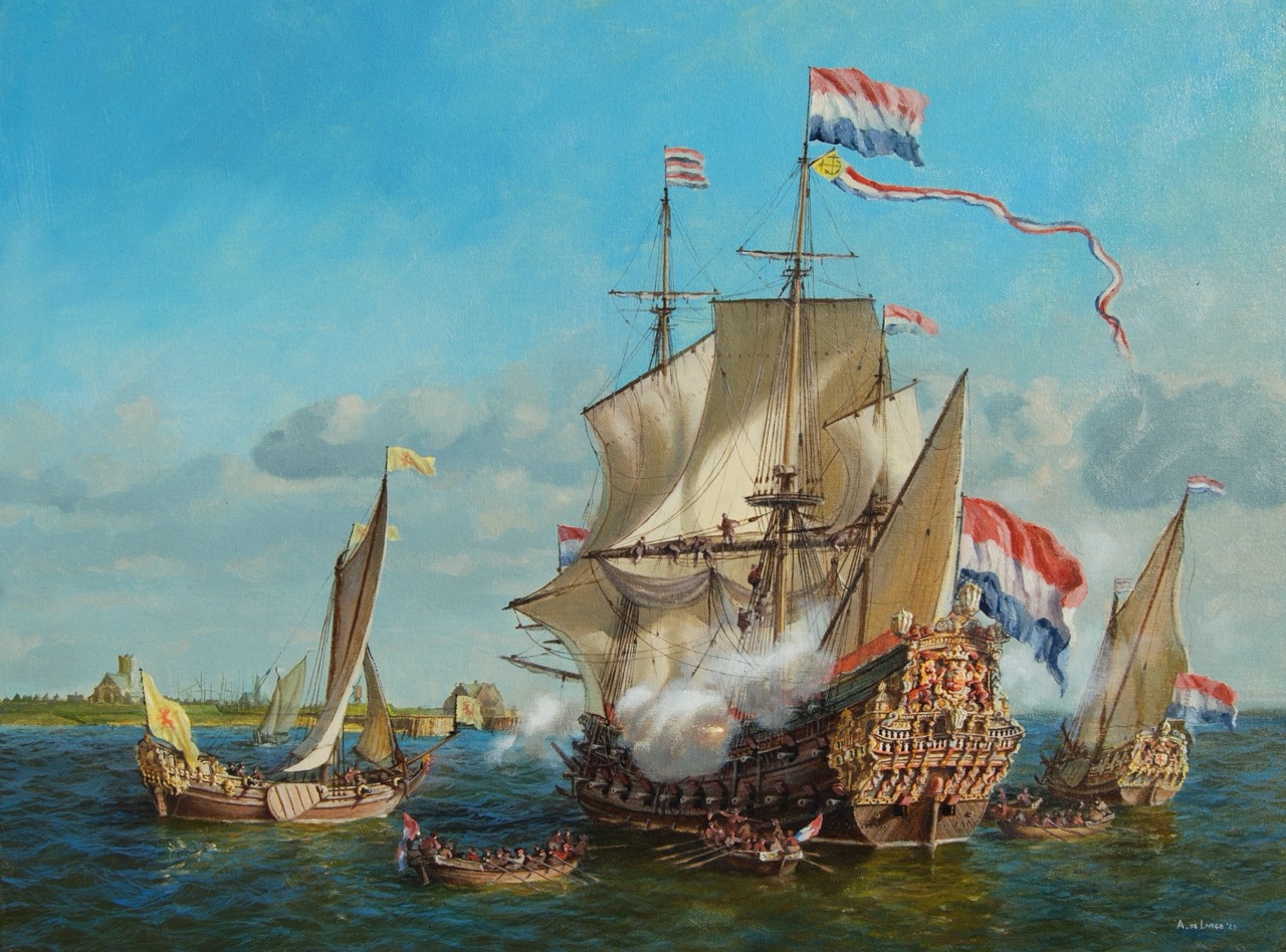 Brederode op de rede van Brielle. Olieverf op doek door Arnold de Lange, 2024 (Particuliere collectie)