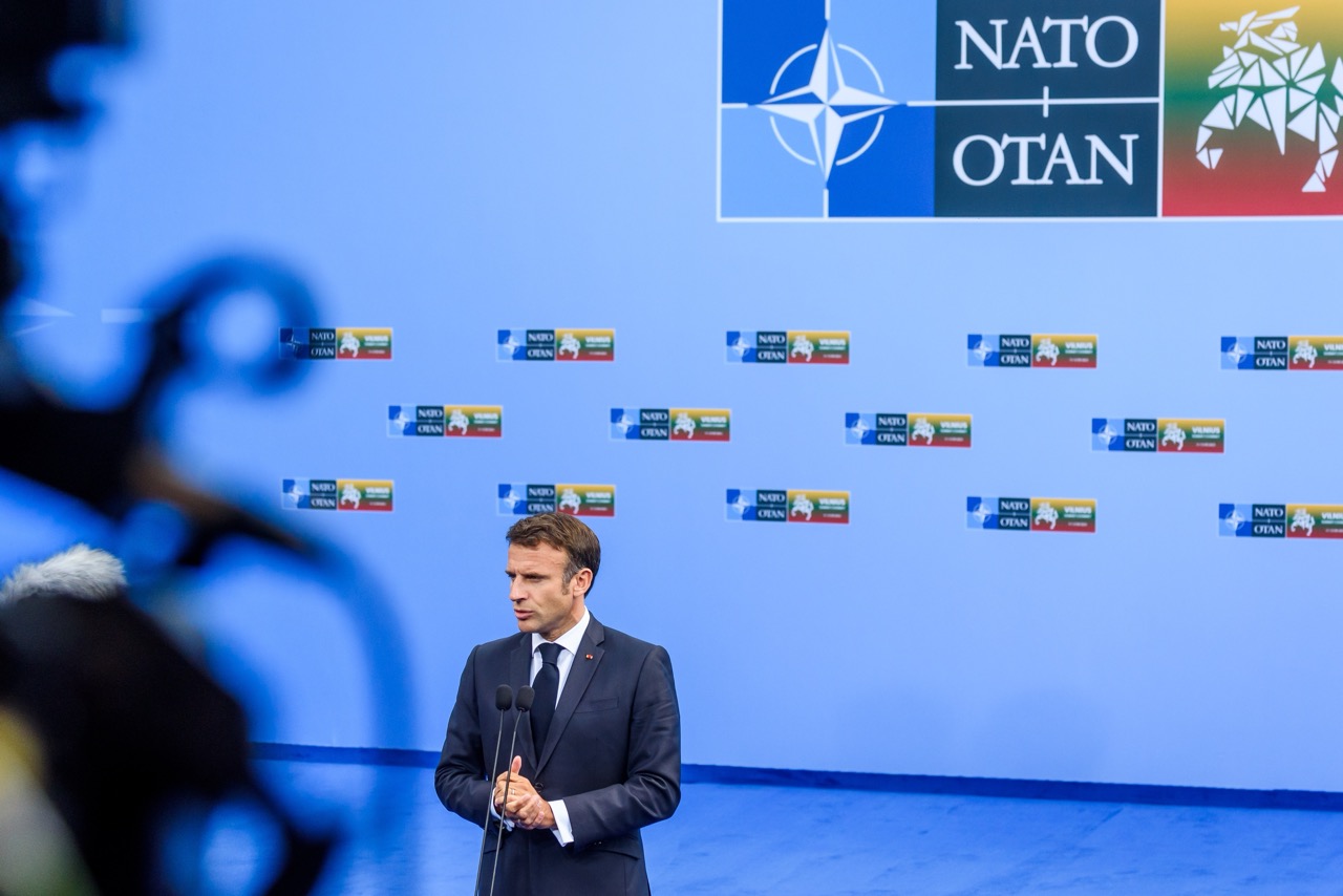 VILNIUS, LITHUANIA. 11th July 2023. Emmanuel Macron, President of France, during doorstep at NATO SUMMIT 2023. Vilnius, Lithuania.