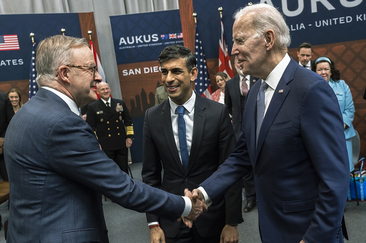 President Joe Biden greets British Prime Minister Rishi Surnak and Australian Prime Minister Anthony Albanese the AUKUS bilateral meeting in San Diego, Calif, March 13, 2023. (DoD photo by Chad J. McNeeley)
