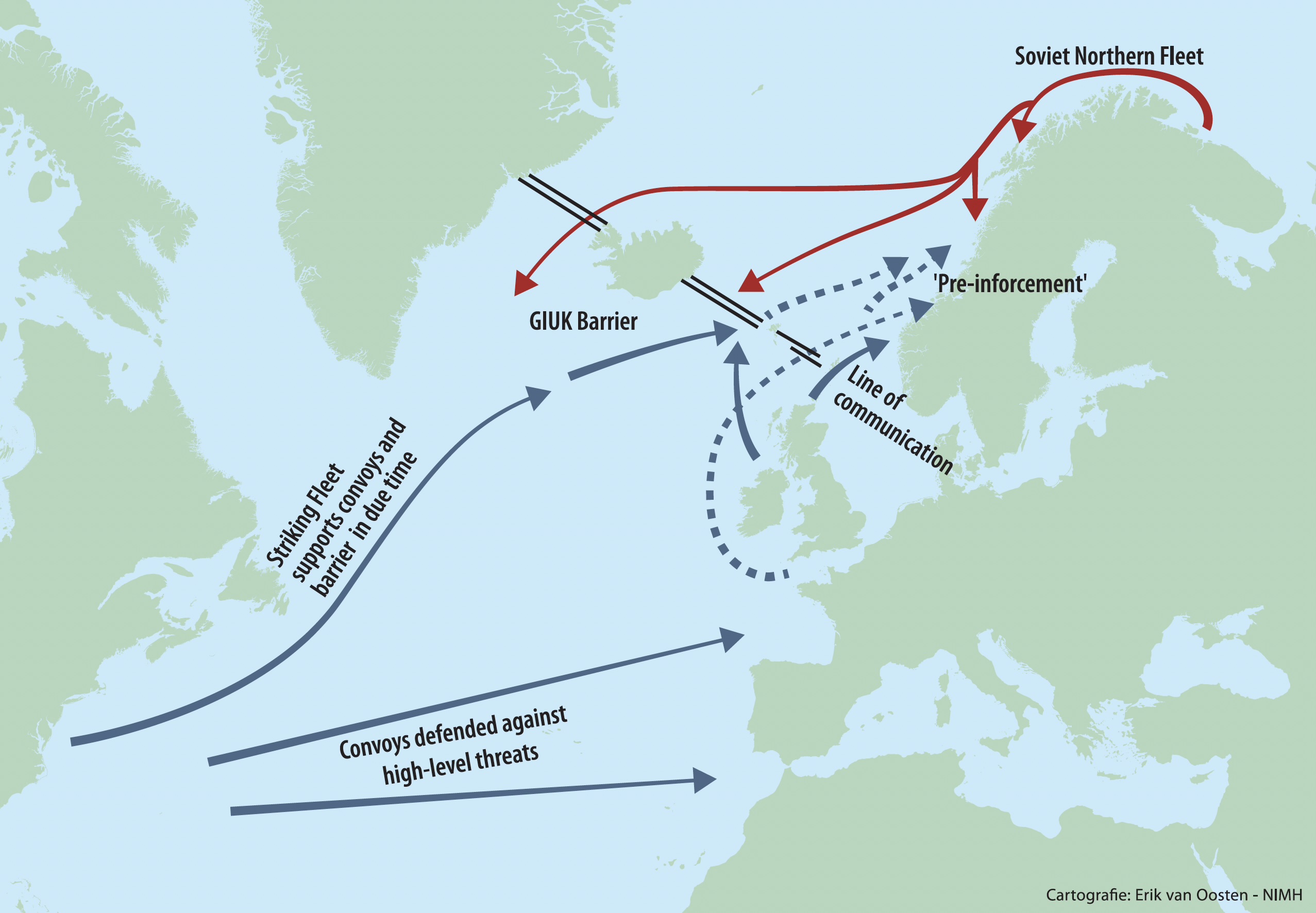 Situatieschets jaren ’70&nbsp;&nbsp;na de Brosio-studie, met in crisistijd voorziene&nbsp;pre-inforcements, een na escalatie later arriverende U.S. Striking Fleet en gedachte onderzeebootdreiging voor de SLOCs (cartografie: E. van Oosten | NIMH)