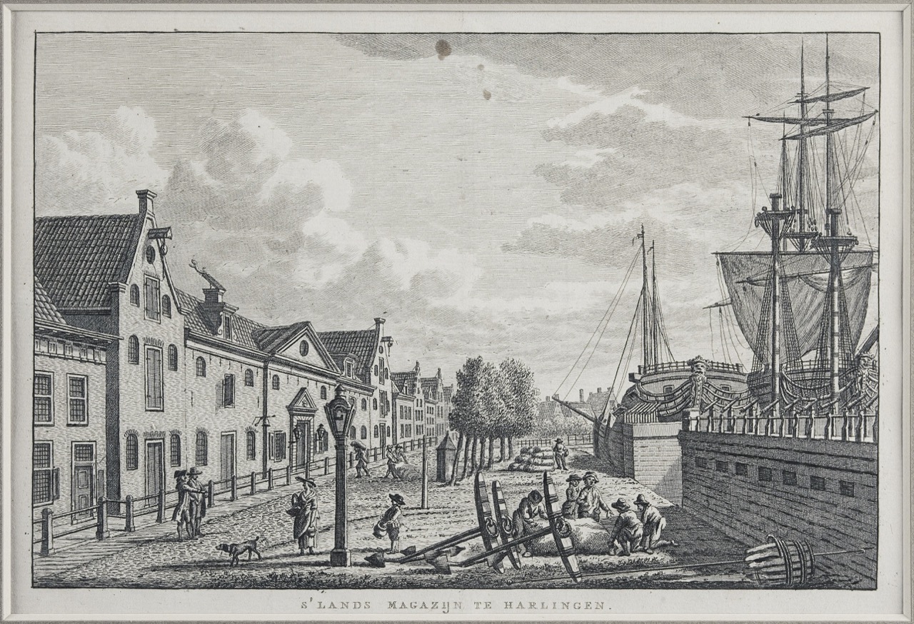 Kopergravure met afbeelding van het gebouw van de Admiraliteit te Harlingen. ca. 1790. Door: Carel Frederik Bendorp, naar tekening van Jan Bulthuis (Collectie Fries Scheepvaart Museum)