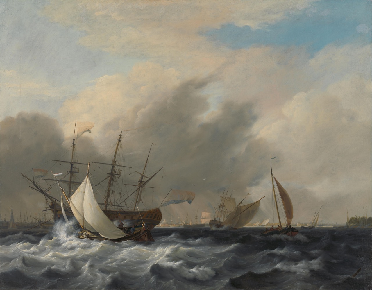 's Lands oorlogsschip 'Amsterdam' voor de Westerlaag op het IJ voor Amsterdam, 1807. Door: Nicolaas Baur (Collectie Rijksmuseum)