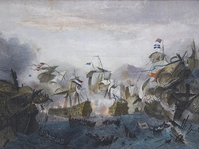 Zeeslag bij de Etna (Agosta) op 22 april 1676. Ingekleurde staalgravure in kleur door Edward Chavane naar het schilderij van Ambroise Louis Garneray (Particuliere collectie)